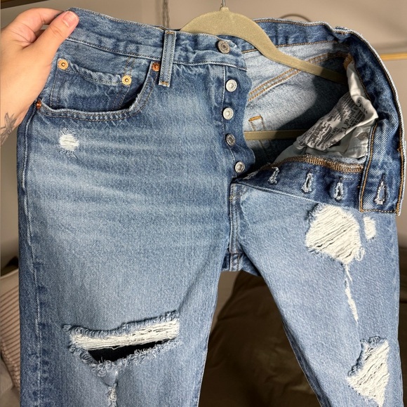 Levi’s Premium 501 Distressed Straight Leg Jeans 27x30 100% Cotton Button Fly - Picture 4 of 13